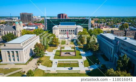 Aerial Neoclassical Building with American Flag, Urban Landscape, Indianapolis 118016841
