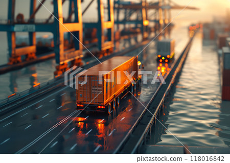 Semi-trailer driving through a container yard 118016842