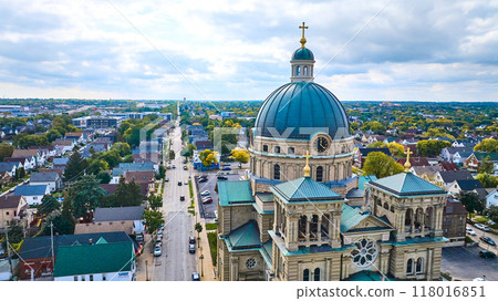 Aerial View of Teal Domed Church in Suburban Milwaukee 118016851