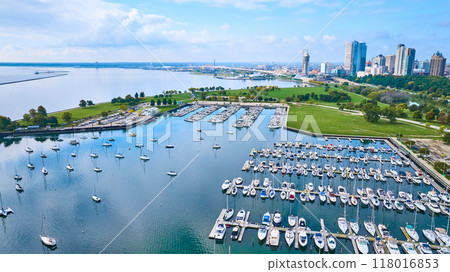Aerial View of Milwaukee Marina with City Skyline and Boats 118016853