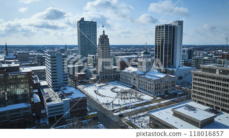 Aerial Winter Courthouse and Cityscape in Snow, Fort Wayne 118016857