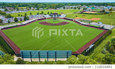 Pristine black sand, baseball diamond First Merchants Ballpark Muncie, Indiana aerial Pristine black sand, baseball diamond First Merchants Ballpark Muncie, Indiana aerial 118016861
