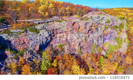 Aerial Autumn Cliff Boardwalk Overlook in Michigan Aerial Autumn Cliff Boardwalk Overlook in Michigan 118016872