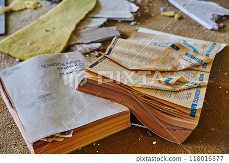 Abandoned Business Documents Amidst Ruins, Elevated Angle Abandoned Business Documents Amidst Ruins, Elevated Angle 118016877