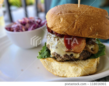 Gourmet Cheeseburger with Bacon and Coleslaw on Brioche Bun 118016901