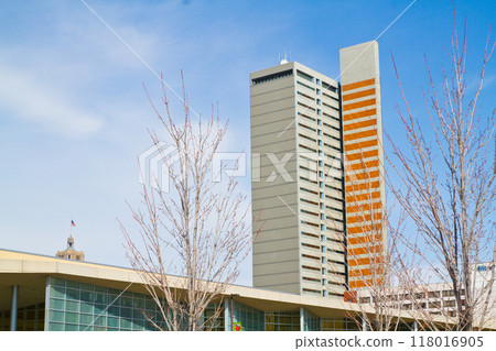 Modern Skyscraper and Glass Building in Winter, Downtown Fort Wayne Modern Skyscraper and Glass Building in Winter, Downtown Fort Wayne 118016905