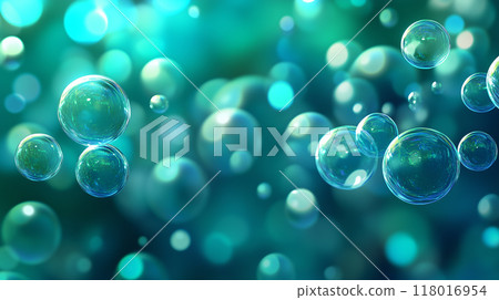 AI 生成的圖像真實地描繪了漂浮在太空中的美麗閃亮的藍色和綠色氣泡。 118016954