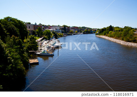 Sunny Day at Michigan Riverside Town with Marina and Park View 118016971