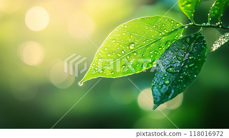 AI 生成的圖像描繪了綠葉上美麗晨露的特寫逼真描繪。 118016972