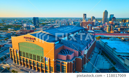 Aerial Golden Hour View of Lucas Oil Stadium and Indianapolis Cityscape 118017009