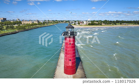 Aerial View of Red Kenosha Lighthouse on Lake Michigan Aerial View of Red Kenosha Lighthouse on Lake Michigan 118017026