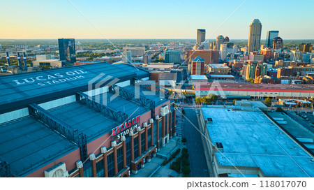 Aerial Golden Hour Over Lucas Oil Stadium and Indianapolis Cityscape 118017070