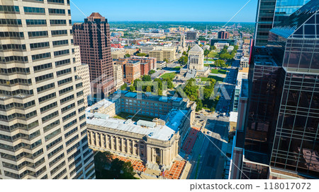 Aerial View of Indianapolis Urban Landscape and War Memorial Plaza 118017072
