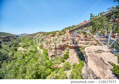 Steel Bridge Spanning Canyon in Sedona Landscape, High Angle View 118017073
