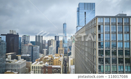 Aerial big city skyscraper buildings downtown Chicago, travel and tourism to Trump Tower, daytime 118017086