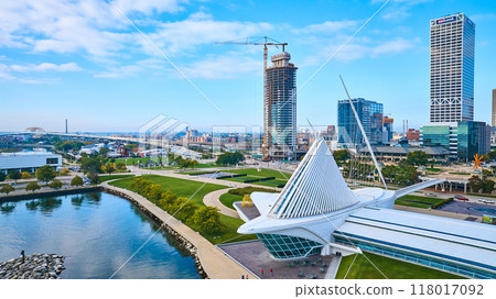Aerial View of Modern Pavilion and Urban Construction, Milwaukee 118017092