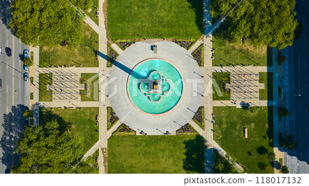 Aerial Top Down of Ornate Fountain in City Park, Indianapolis Aerial Top Down of Ornate Fountain in City Park, Indianapolis 118017132
