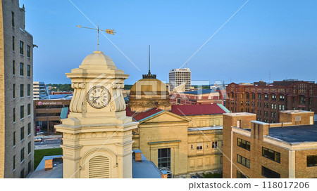 Aerial View of Ornate Clock Tower and Dome in South Bend Indiana 118017206