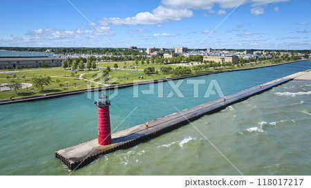 Aerial View of Kenosha Lighthouse Pier and Marina 118017217