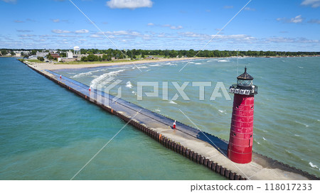 Aerial View of Kenosha Lighthouse Pier in Lake Michigan Aerial View of Kenosha Lighthouse Pier in Lake Michigan 118017233