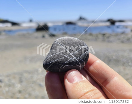 Close-Up of Veined Stone Held Against Beach Background Close-Up of Veined Stone Held Against Beach Background 118017282