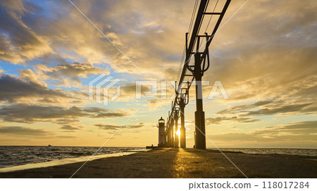 Aerial Sunset Over St Joseph Lighthouse and Pier Aerial Sunset Over St Joseph Lighthouse and Pier 118017284