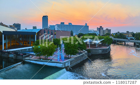 Aerial Panorama of South Bend Riverfront at Sunset Aerial Panorama of South Bend Riverfront at Sunset 118017287