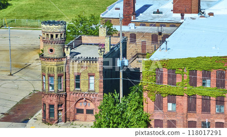 Aerial View of Historical Brick Buildings with Ivy in Racine Wisconsin 118017291