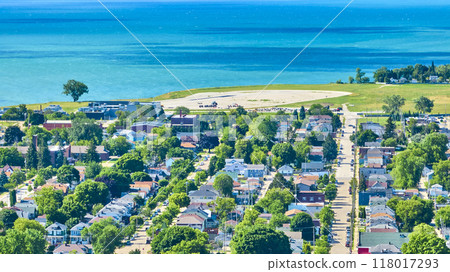 Aerial View of Racine Coastal Town with Lake Michigan in Background 118017293