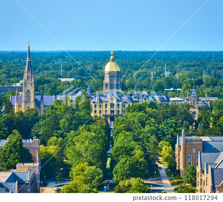 Aerial View of Notre Dame Golden Dome and Basilica with Lush Campus Aerial View of Notre Dame Golden Dome and Basilica with Lush Campus 118017294