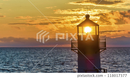 Lighthouse at Sunset Over Lake Michigan Aerial View Lighthouse at Sunset Over Lake Michigan Aerial View 118017377