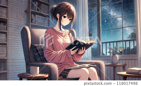 一個女人晚上坐在椅子上看書 118017498