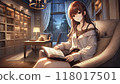 一個女人晚上坐在椅子上看書 118017501