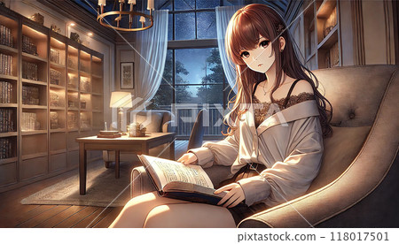 一個女人晚上坐在椅子上看書 118017501