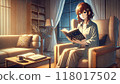 一個女人晚上坐在椅子上看書 118017502