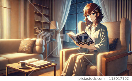 一個女人晚上坐在椅子上看書 118017502