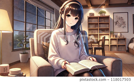 A woman sitting in a chair reading a book at night 118017503