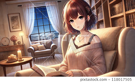 一個女人晚上坐在椅子上看書 118017505