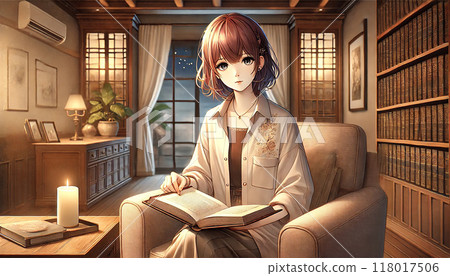 一個女人晚上坐在椅子上看書 一個女人晚上坐在椅子上看書 118017506