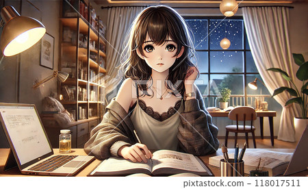 一個女人晚上坐在椅子上看書 118017511