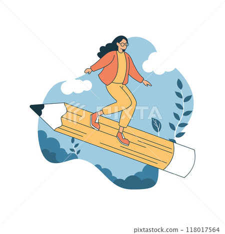 Girl High School Student Character Illustration Surfing on Giant Pencil in the Park Girl High School Student Character Illustration Surfing on Giant Pencil in the Park 118017564