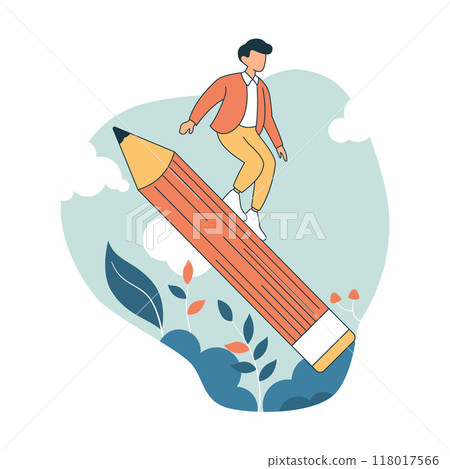 Boy High School Student Character Illustration Surfing on Giant Pencil in the Park Boy High School Student Character Illustration Surfing on Giant Pencil in the Park 118017566