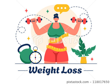 Weight Loss Vector Illustration of a Woman's Body Transformation emphasizing Fitness, Sports, Diet, and a Healthy Lifestyle in a Style Background 118017650