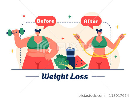 Weight Loss Vector Illustration of a Woman's Body Transformation emphasizing Fitness, Sports, Diet, and a Healthy Lifestyle in a Style Background Weight Loss Vector Illustration of a Woman's Body Transformation emphasizing Fitness, Sports, Diet, and a Healthy Lifestyle in a Style Background 118017654