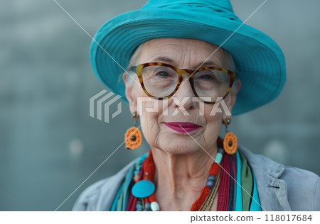 Elderly woman in blue hat 118017684