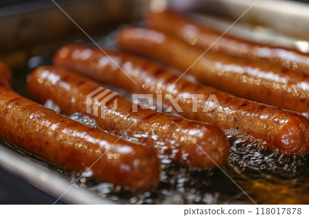Frying sausages for hot dogs 118017878