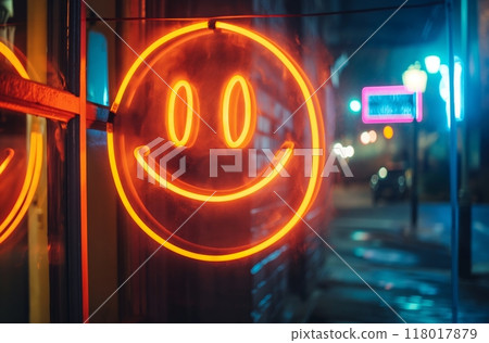 Neon smiley face sign at night 118017879