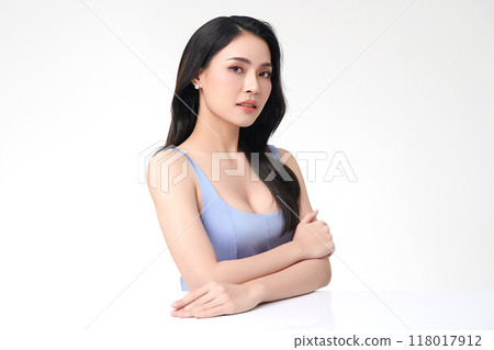 Beautiful young asian woman with clean fresh skin on white background, Face care, Facial treatment, Cosmetology, beauty and spa, Asian women portrait. 118017912