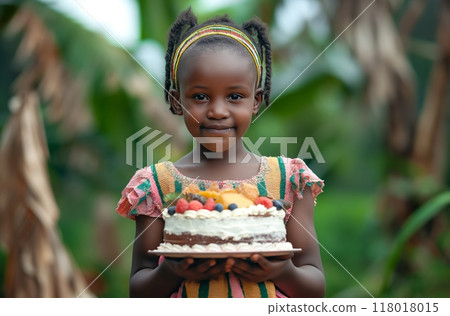 Joyful african girl with cake Joyful african girl with cake 118018015