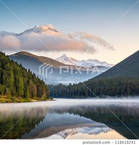 Illustration of a relaxing landscape that makes you want to travel Sky, clouds, mountains, green, lake 118018241